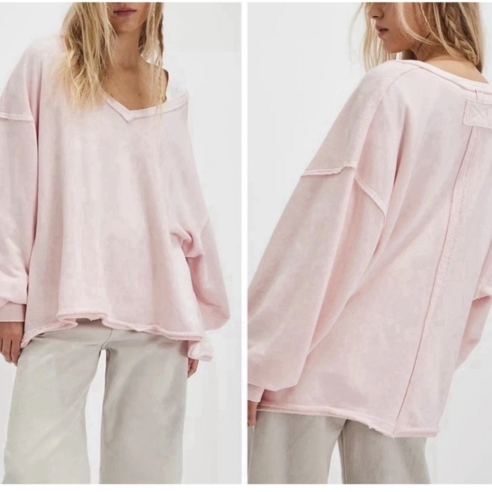 NWT Free People We The Free Venice V-Neck Sweatshirt - Strawberry Rose - L
